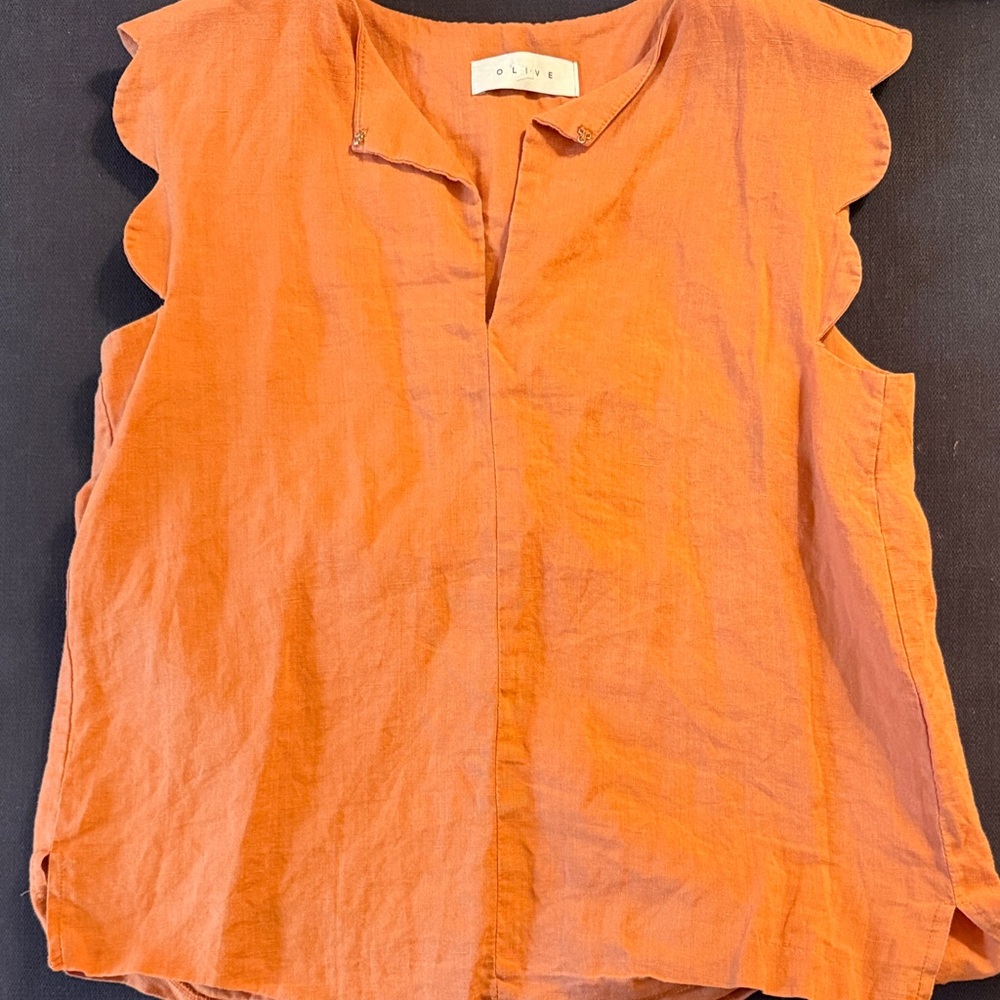 Olive clothing orange linen scalloped sleeved top